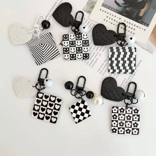 Cartoon Acrylic Plaid Striped Heart Leather Keychain Monochrome Design