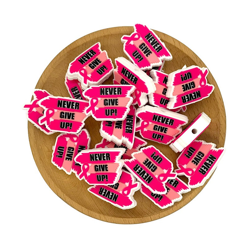 Silicone Focal Beads Motivational Never Give Up Pink Ribbon 20pcs 2