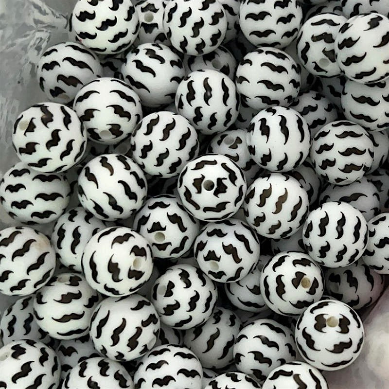 15mm Silicone Beads Black Beard Print Novelty 50pcs