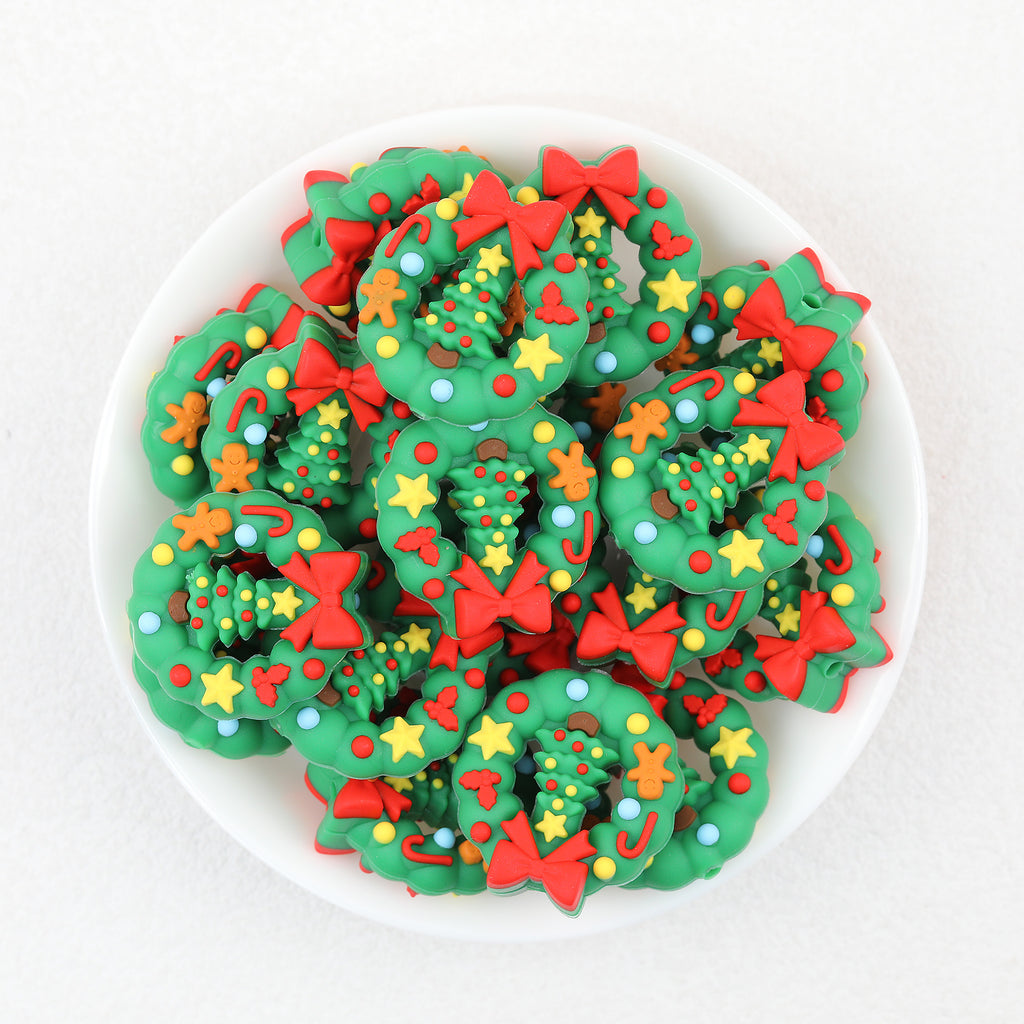 3D Wreath Silicone Focal Beads Wholesale, Christmas Red Bow Accents Tree Motif
