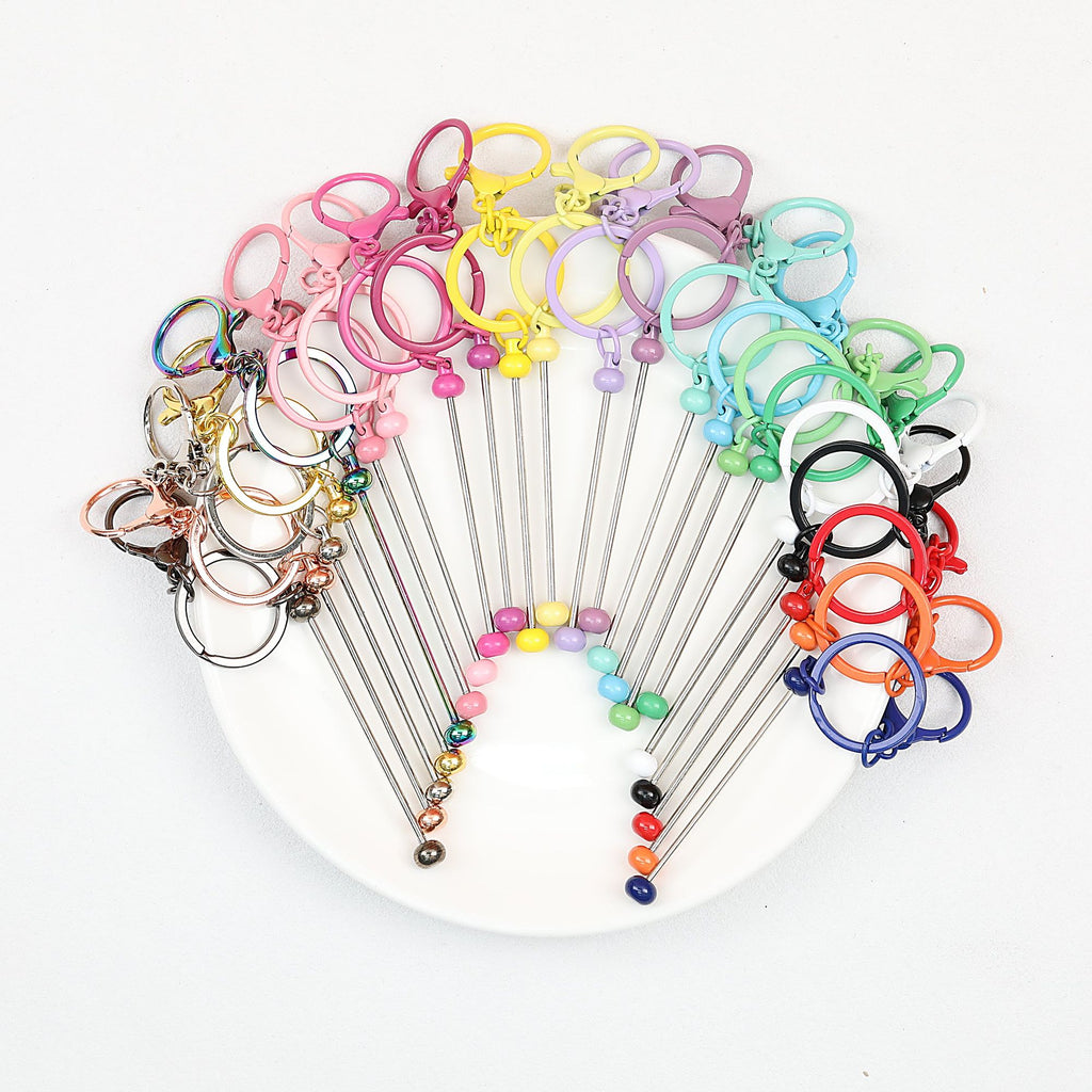 Beadable Keychain Bar Metal Slender Shaft Polished Ball Lobster Clasp