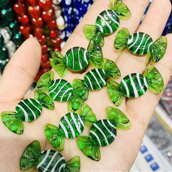 Lampwork Glass Beads Candy Shape 15x28mm Transparent Polka Dotted Stripe 4pcs 9