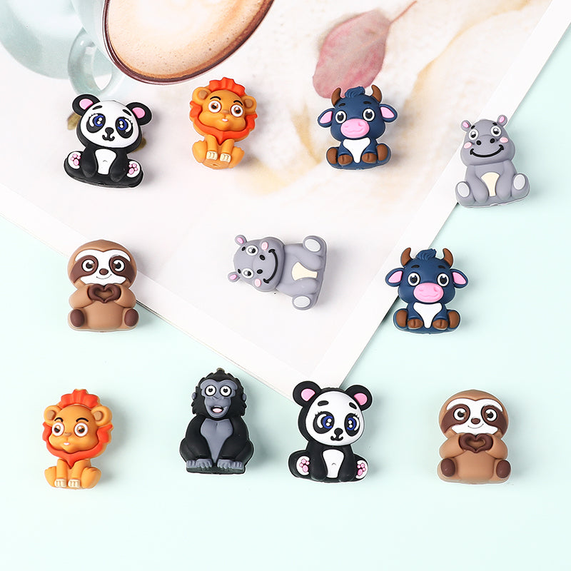 Silicone 3D Focal Beads Animal Panda Lion Sloth Hippopotamus Cow Sitting Pose 20Pcs 3