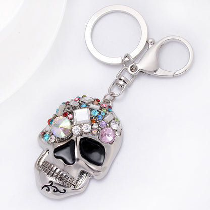 Diamond Rhinestone Skull Keychain Polished Metal Edgy Design