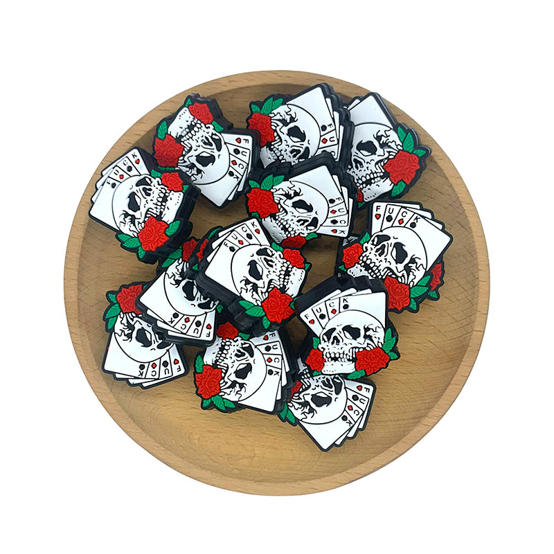 Silicone Focal Beads Halloween Skull Head Playing Cards Tattoo Rose 20pcs 2