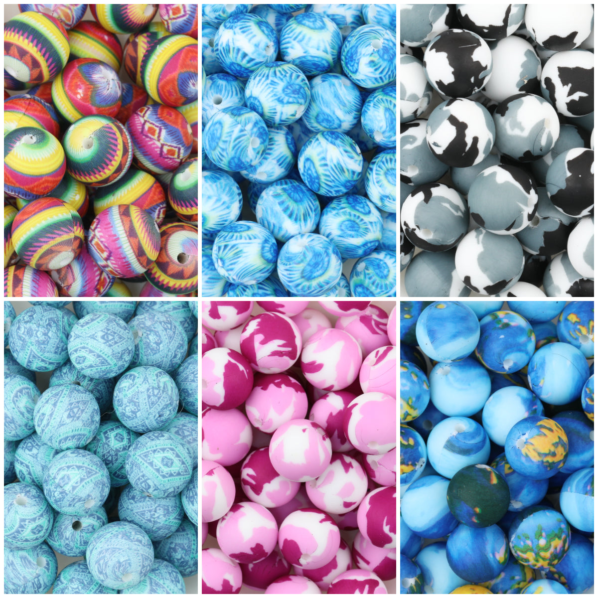 Colorful 15mm Printed Round Silicone Beads with Flower Patterns 50pcs