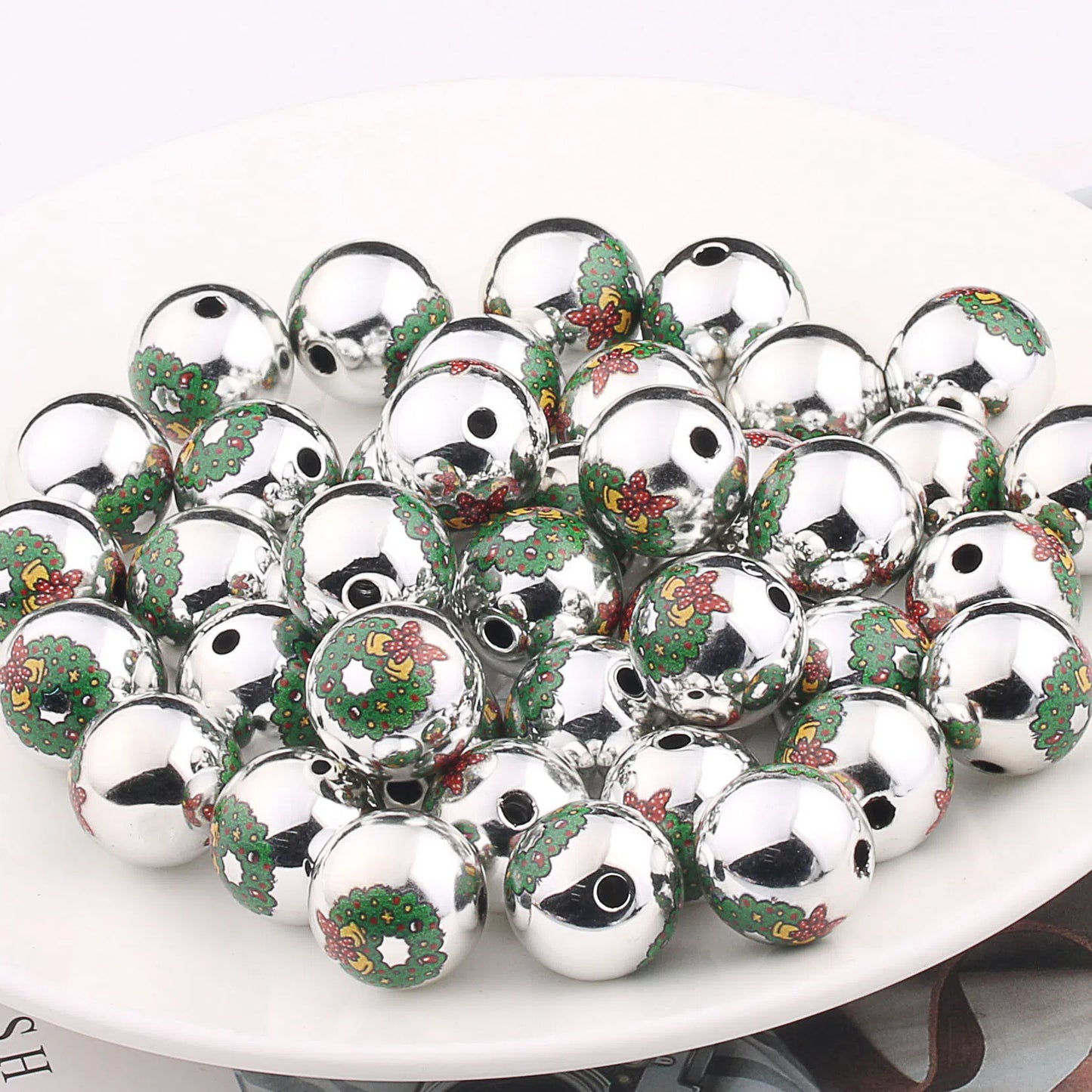 UV Plating Acrylic Beads 16mm Christmas Wreath and Reindeer Printed 20pcs 4
