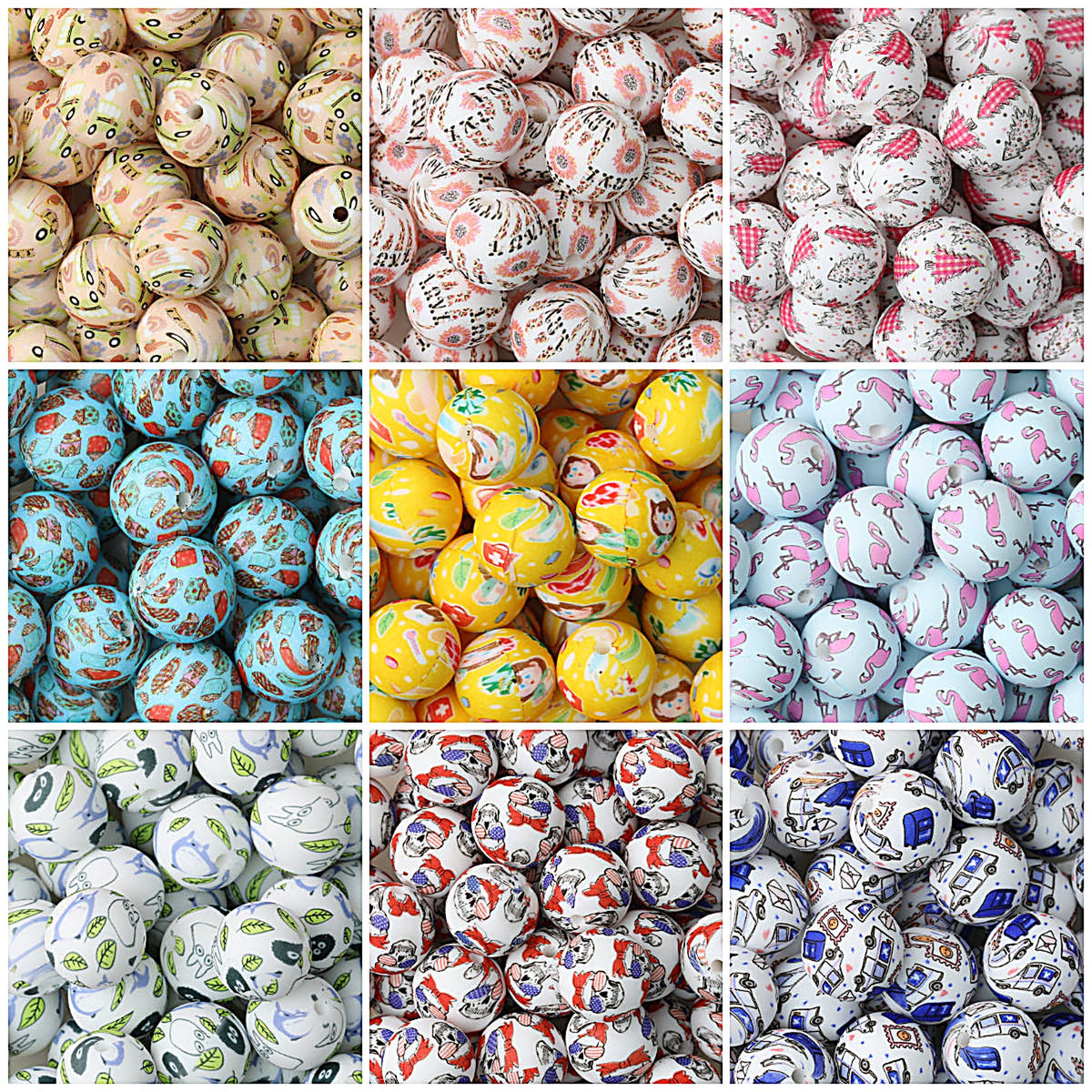 15mm Printed Silicone Beads with Nurse Ambulance and Floral Designs 50pcs