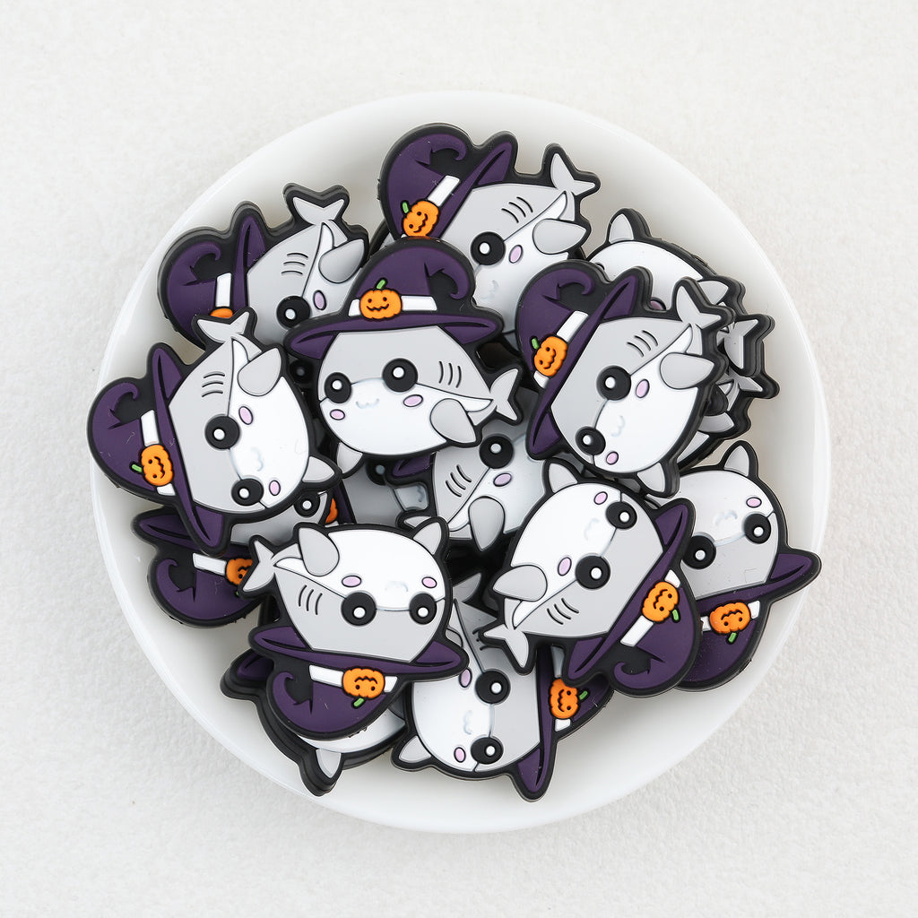 Shark Witch Hat Silicone Focal Beads Wholesale, Halloween Pumpkin Design