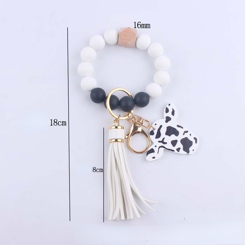 Silicone Beaded Wristlet Keychain with Leather Tassel and Cow Print Charm 5