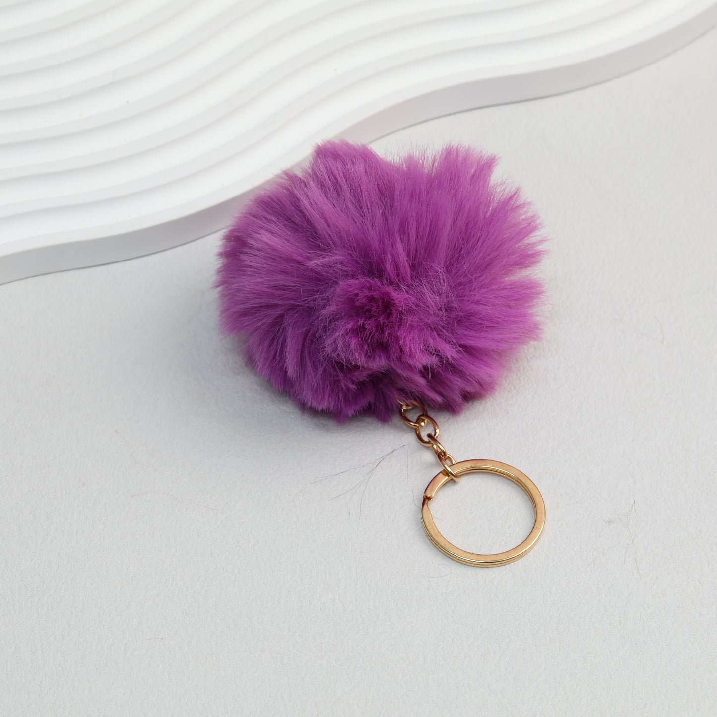 Pom Pom Keychain Plush Violet Faux Fur Ball Gold Ring 8cm