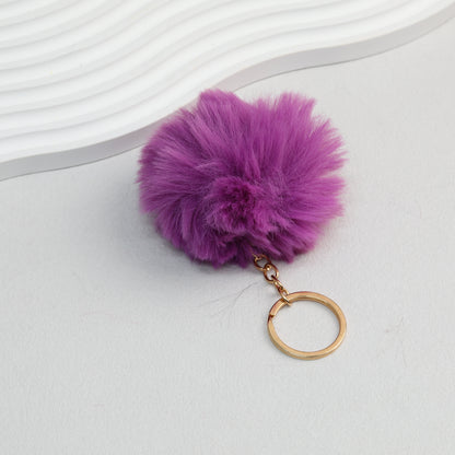 Pom Pom Keychain Plush Violet Faux Fur Ball Gold Ring 8cm