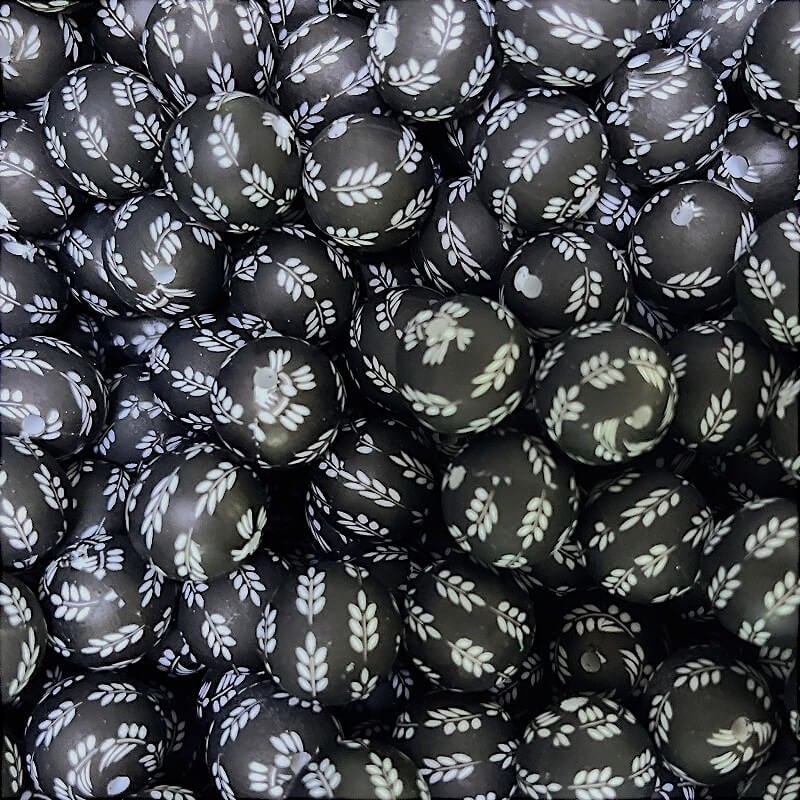 15mm Leaf Print Silicone Beads Charcoal Gray Matte Finish 50pcs