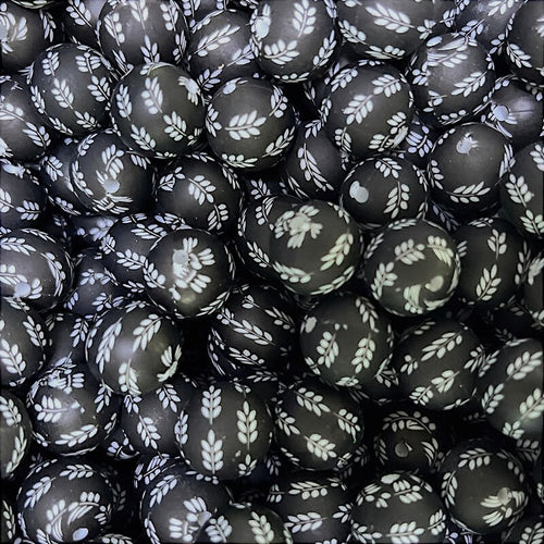 15mm Leaf Print Silicone Beads Charcoal Gray Matte Finish 50pcs