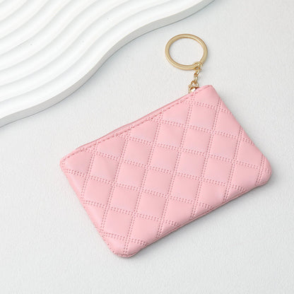 Wallet Keychain Coin Purse Plaid Simple Solid Color - Pink
