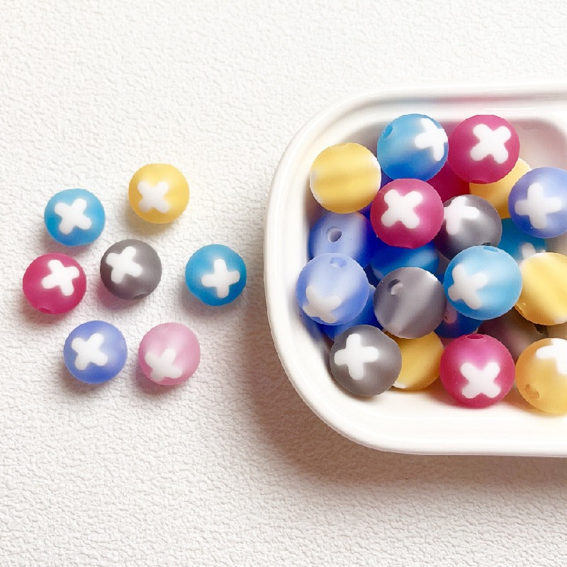 Frosted Round Acrylic Beads 16mm Bicolor White Cross 10pcs 2