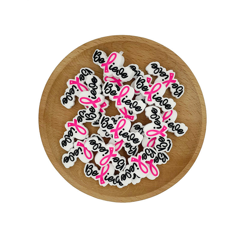 Silicone Focal Beads Ribbon Letter Believe Pink Ribbon 20pcs 3