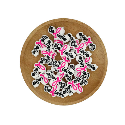 Silicone Focal Beads Ribbon Letter Believe Pink Ribbon 20pcs 3