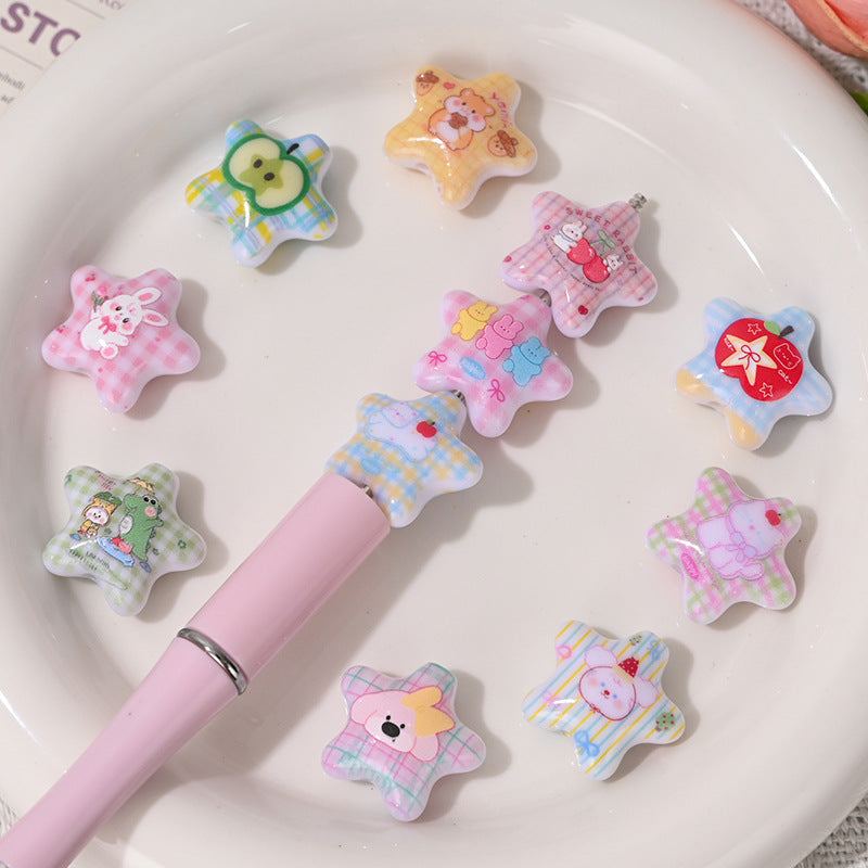 Cartoon Animal Fruit Pattern Star Resin Beads 22mm Pastel Colors 5pcs