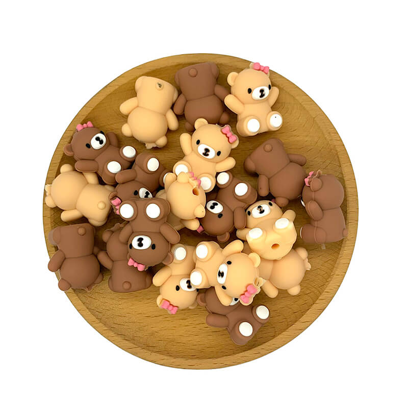 Silicone 3D Focal Beads Bear Wearing Pink Bow Sitting Pose 20 pcs 2