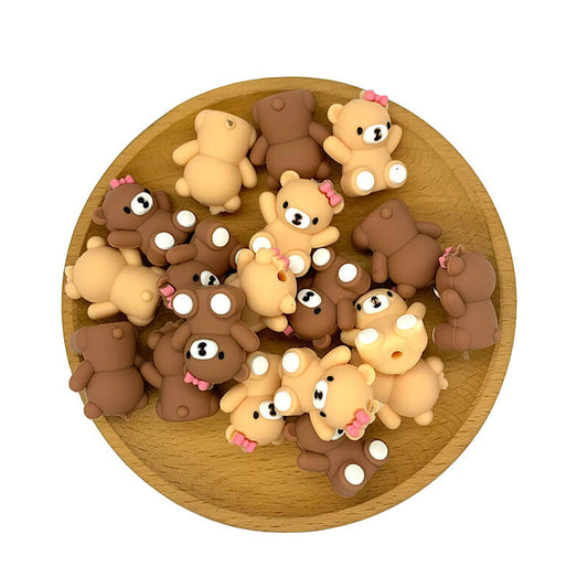 Silicone 3D Focal Beads Bear Wearing Pink Bow Sitting Pose 20 pcs 2