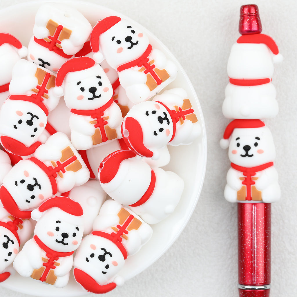 3D Santa Bear silicone focal beads Wholesale, Red Scarf Gift Box Christmas Hat
