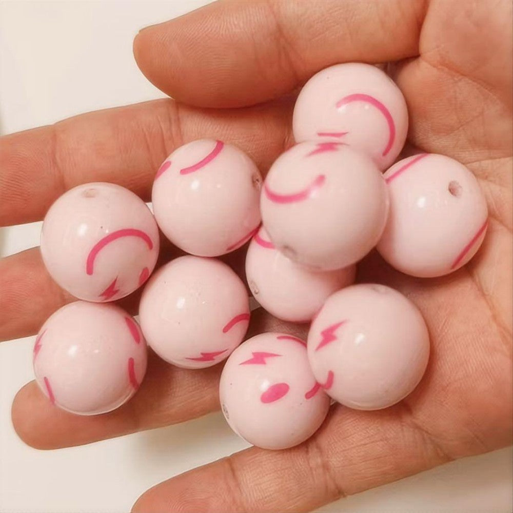 Pink 20mm Bubblegum Beads with Smiley Face Design 10pcs 2