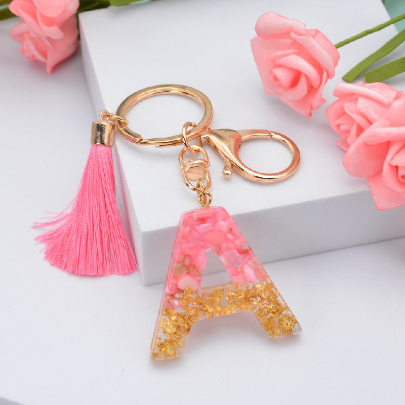 Resin Floral Pink Tassel Monogram Keychain Alphabet Letter A