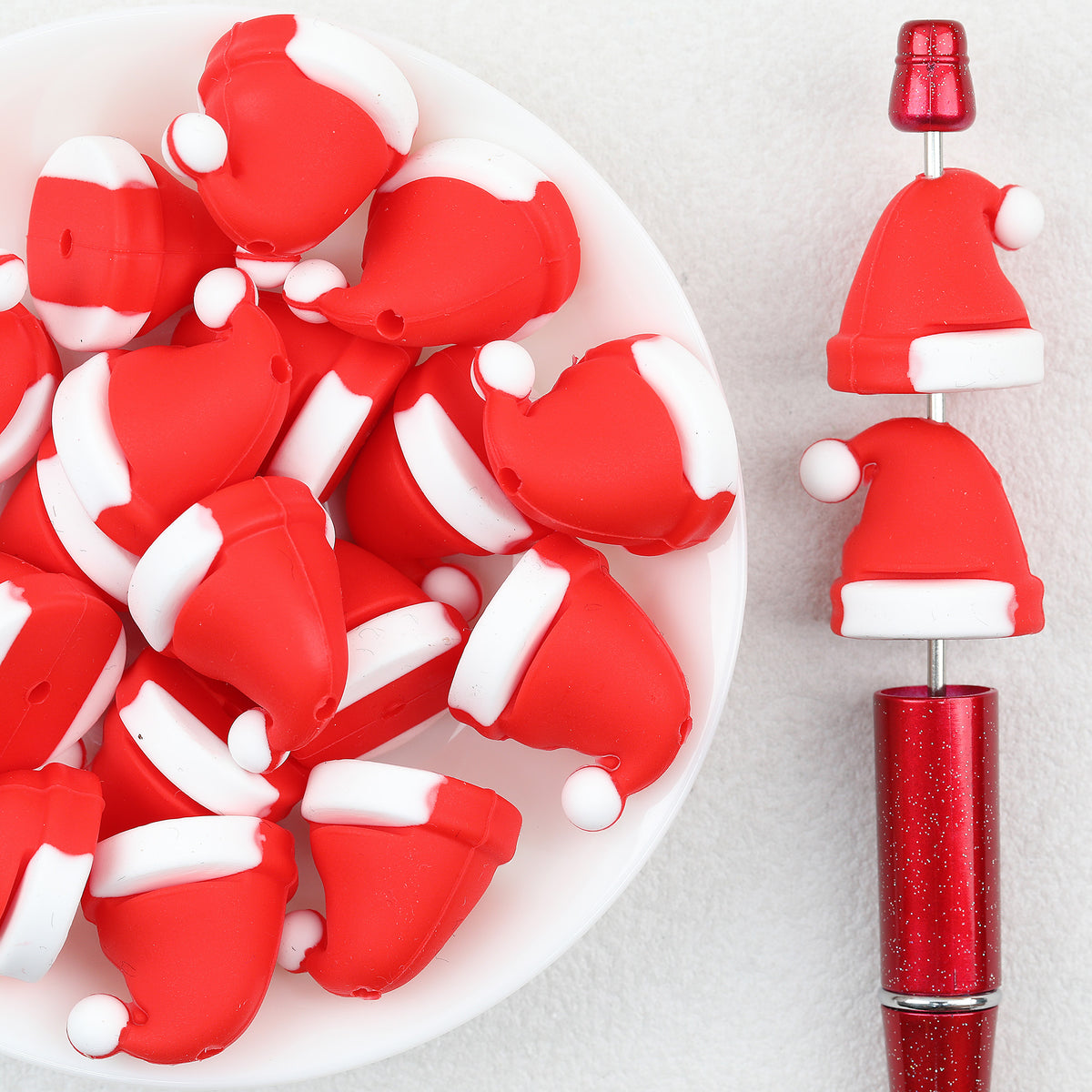 3D Santa Hat Silicone Focal Beads Wholesale, Red Christmas White Trim