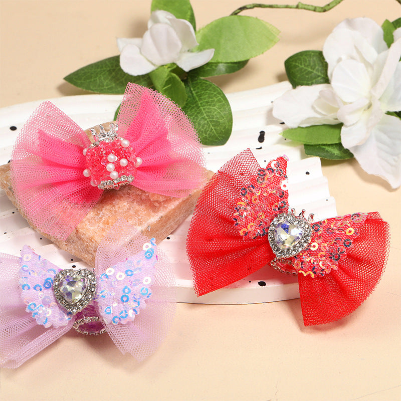 Sequin Mesh Bow Acrylic Beads 48x70mm with Rhinestone Center 10pcs