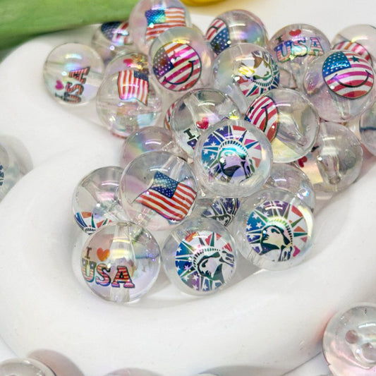 20mm Independence Day Printed Bubblegum Acrylic Beads 50pcs