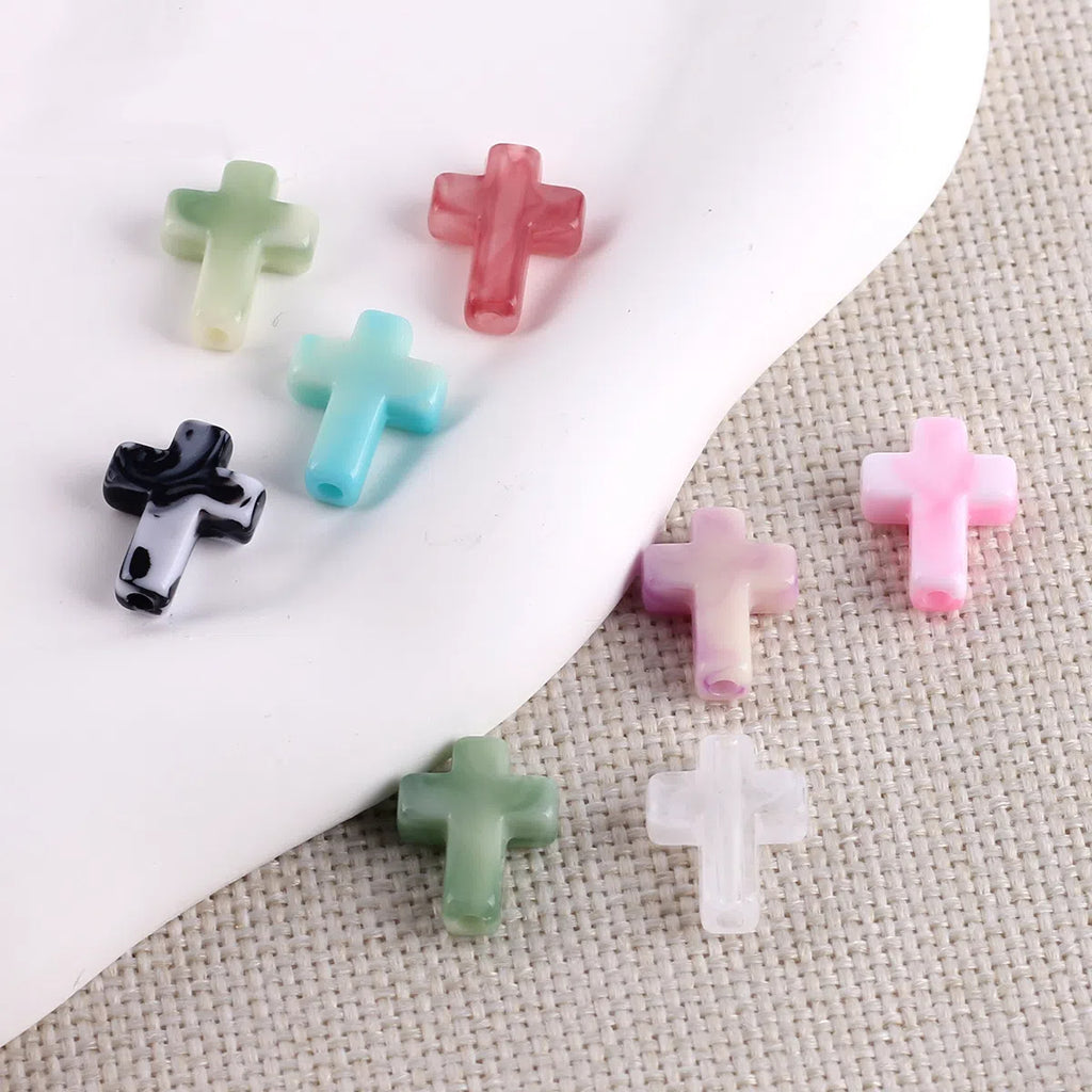 Imitation Jade Ink Color Cross Acrylic Beads 15mm Glossy Swirl 100pcs