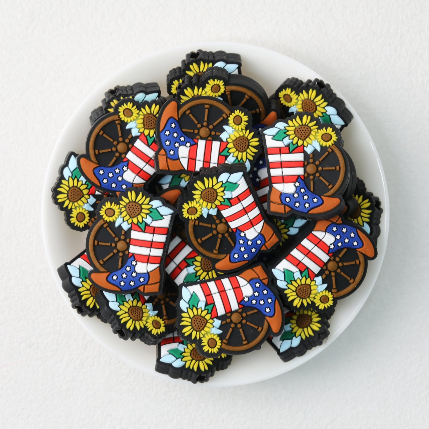 Patriotic Cowboy Boot and Sunflower Silicone Focal Beads 20pcs