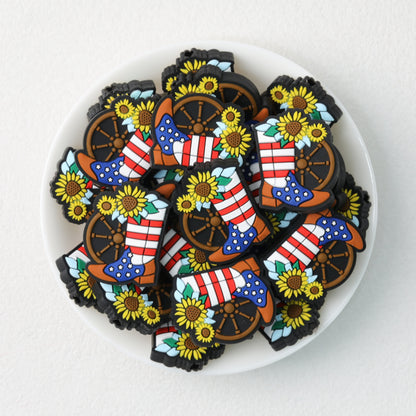 Patriotic Cowboy Boot and Sunflower Silicone Focal Beads 20pcs
