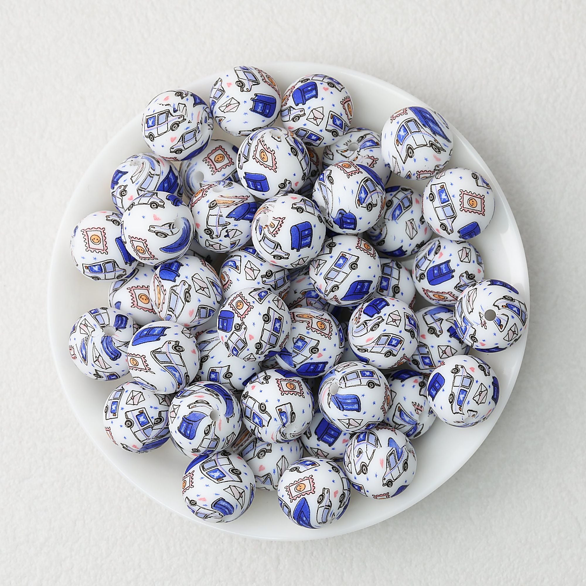 15mm Printed Silicone Beads with Nurse Ambulance and Floral Designs 50pcs - Ambulance