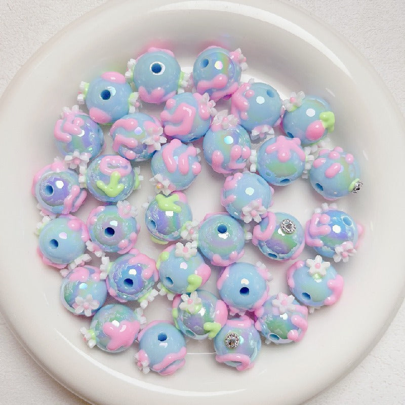 Hand Painted Rhinestone Flower Acrylic Round Beads 16mm 5pcs 14