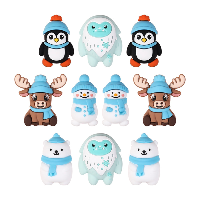 Silicone 3D Focal Beads Winter Theme Polar Bear Snow Monster Wearing Hats 20pcs 10