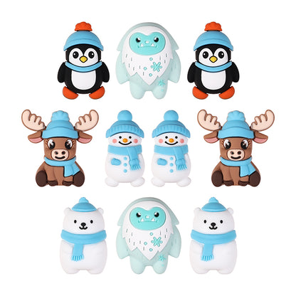 Silicone 3D Focal Beads Winter Theme Polar Bear Snow Monster Wearing Hats 20pcs 10