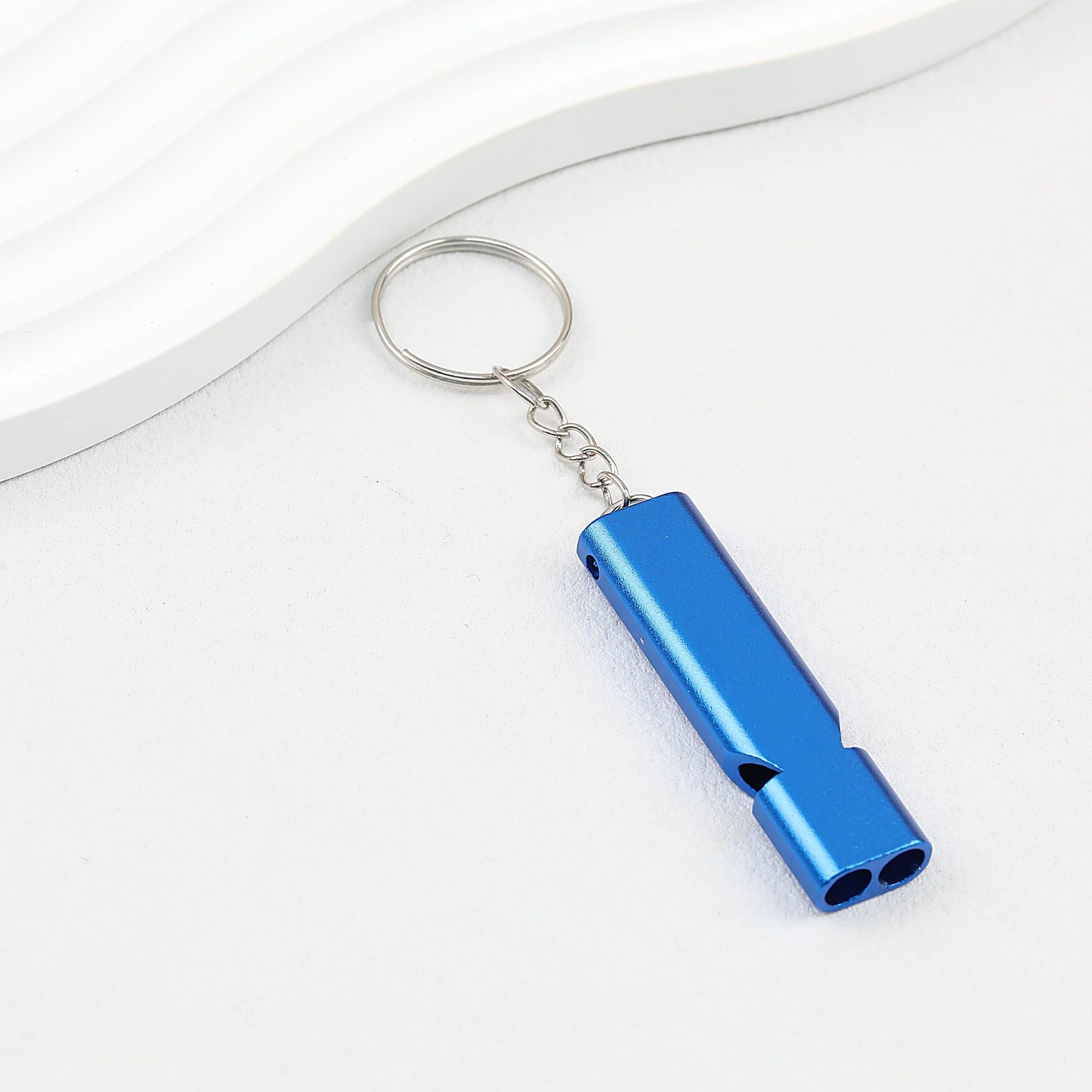 Survival Whistle Keychain Flat Aluminum Alloy Double Tube Self Defense - Blue