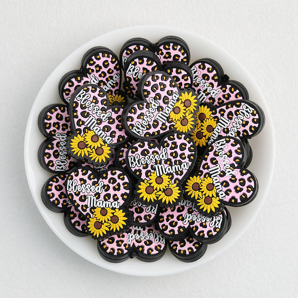 Silicone Focal Beads Blessed Mama Heart with Sunflower Cluster 20pcs