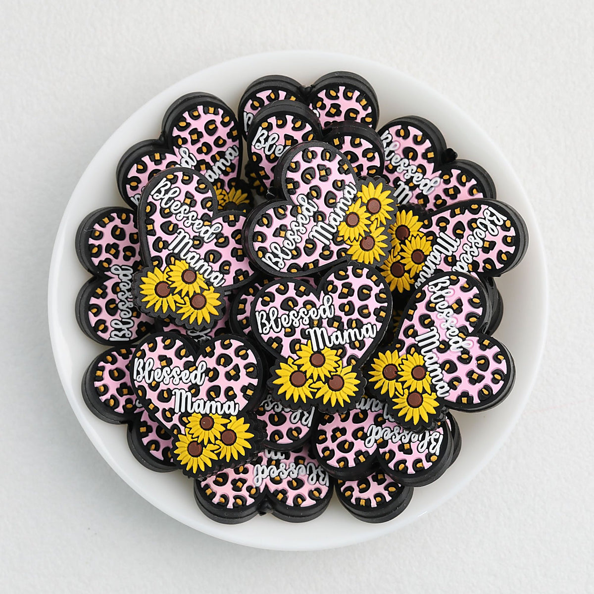 Silicone Focal Beads Blessed Mama Heart with Sunflower Cluster 20pcs