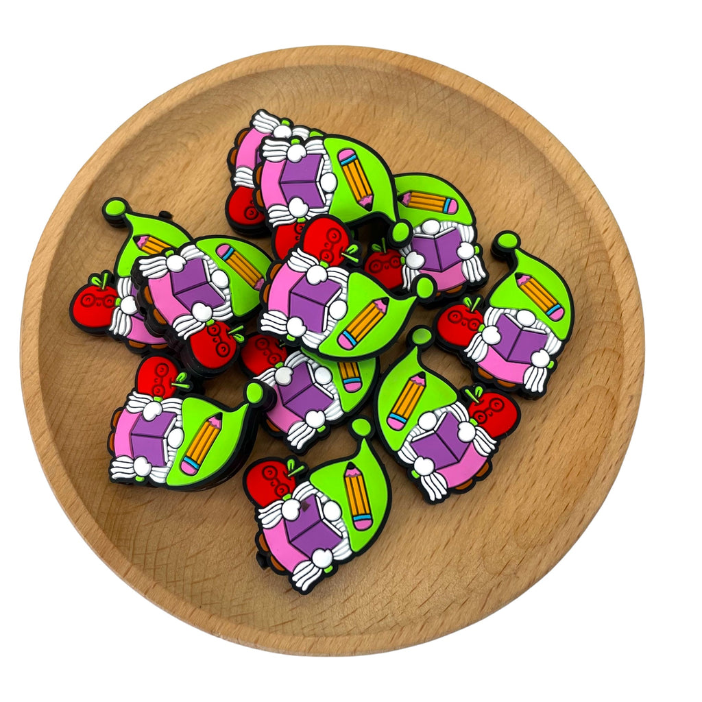 Silicone Focal Beads Book Gnome Wearing Pencil Hat and Smiling Apple 20pcs 2