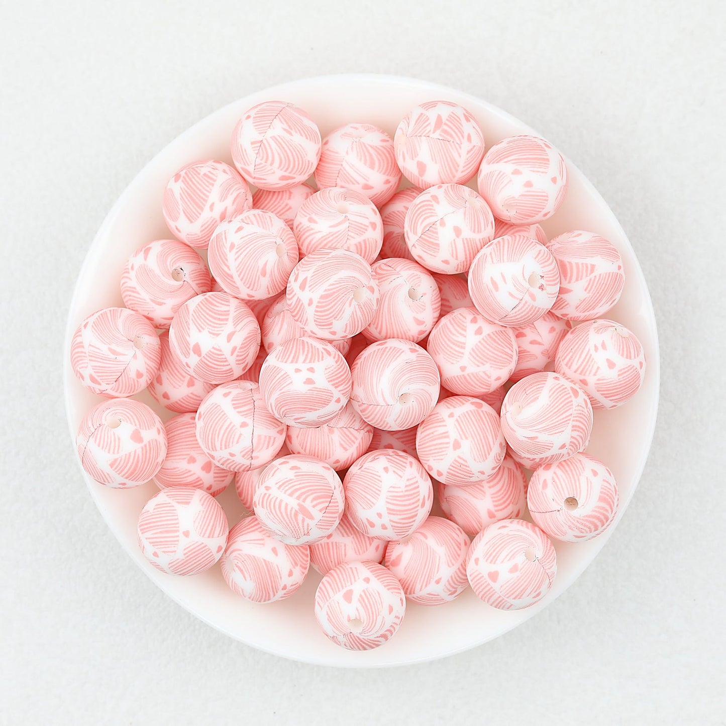 Valentine Theme 15mm Silicone Beads Printed Pattern 50pcs - Pink Heartline
