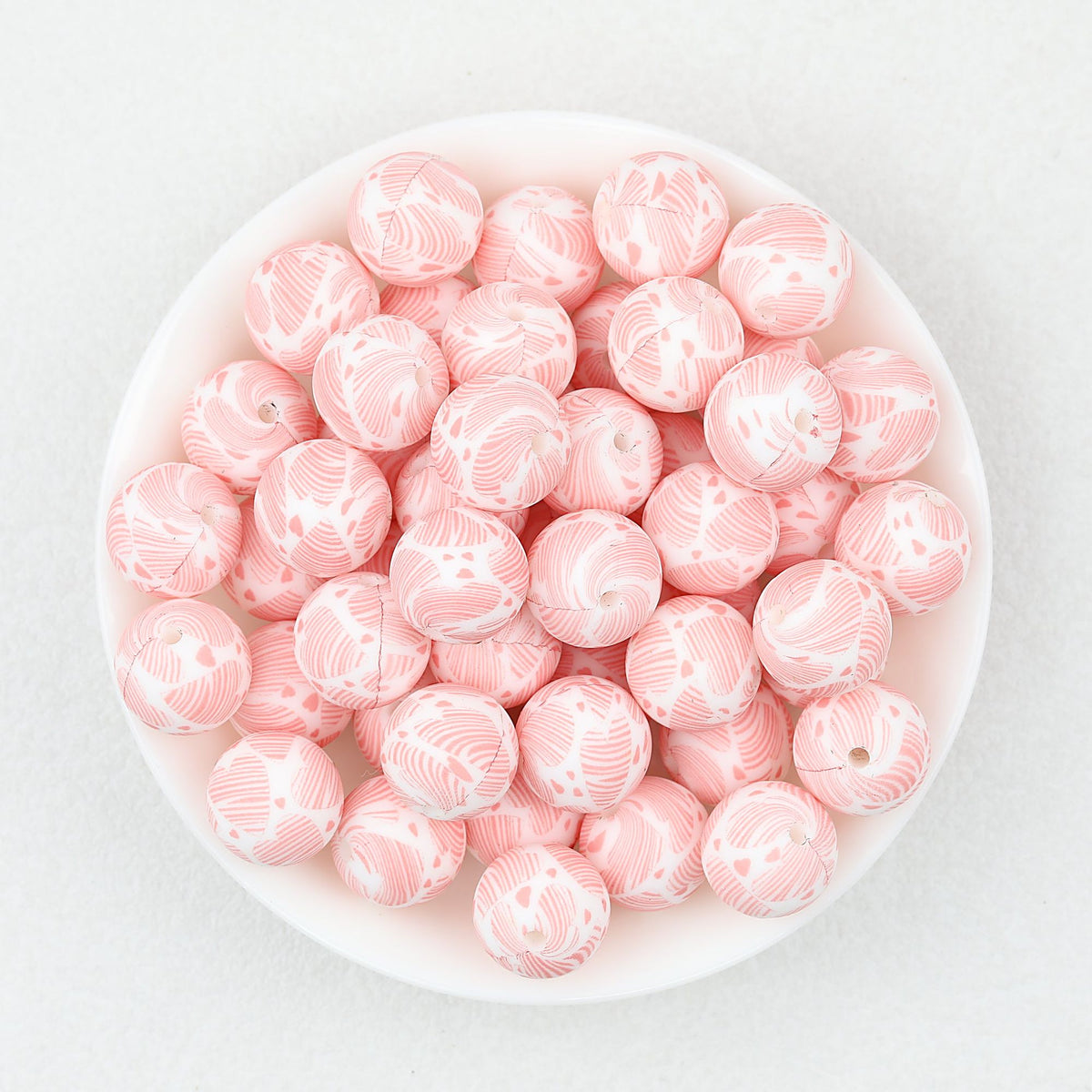 Valentine Theme 15mm Silicone Beads Printed Pattern 50pcs - Pink Heartline