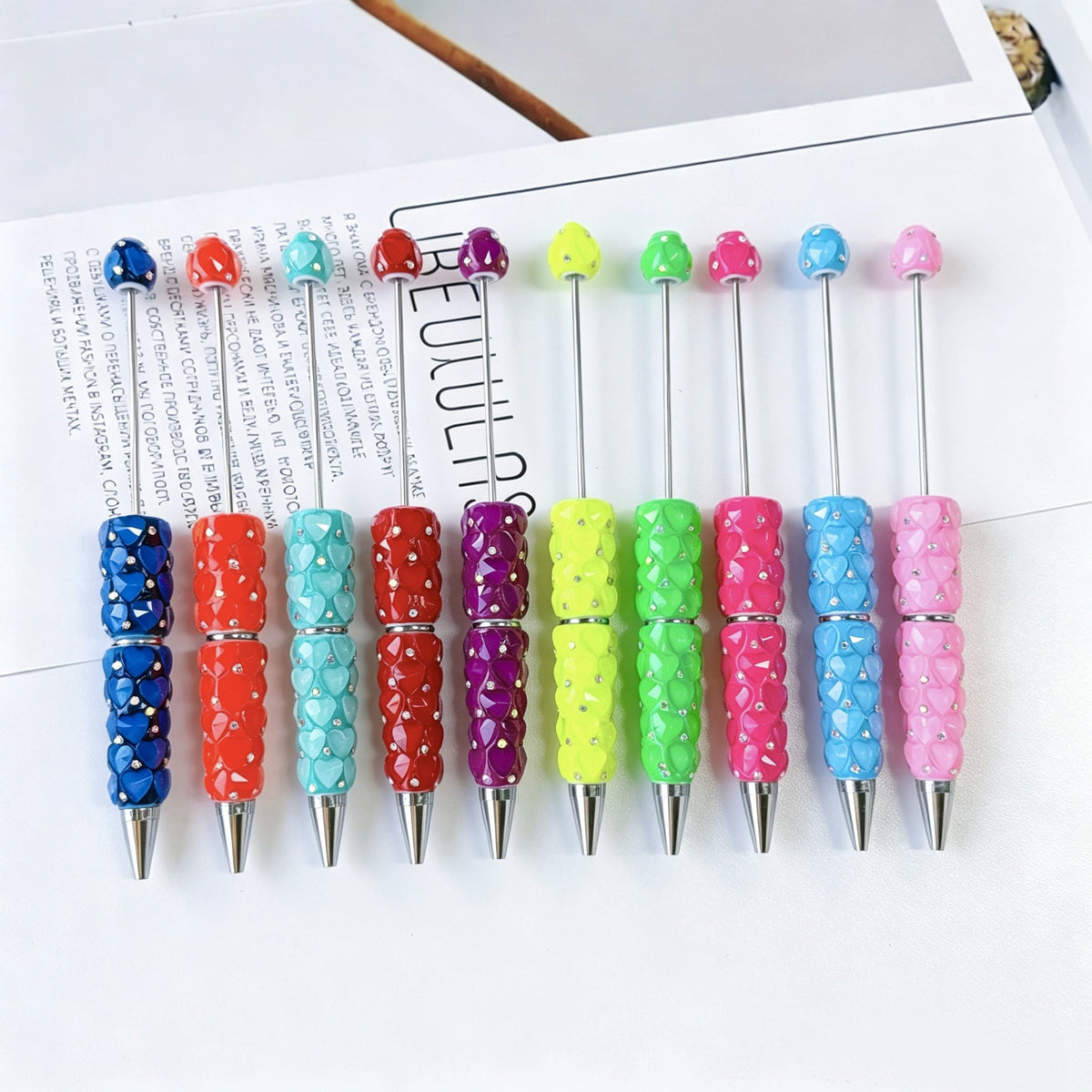 Beadable Plastic Pen with Colorful Heart and Rhinestone Design 2