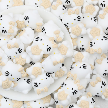 3D Cute Beige Bow White Cat Silicone Focal Beads 20pcs