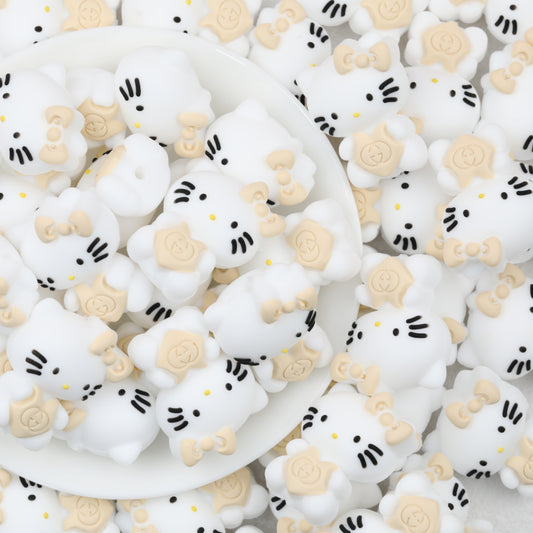 3D Cute Beige Bow White Cat Silicone Focal Beads 20pcs
