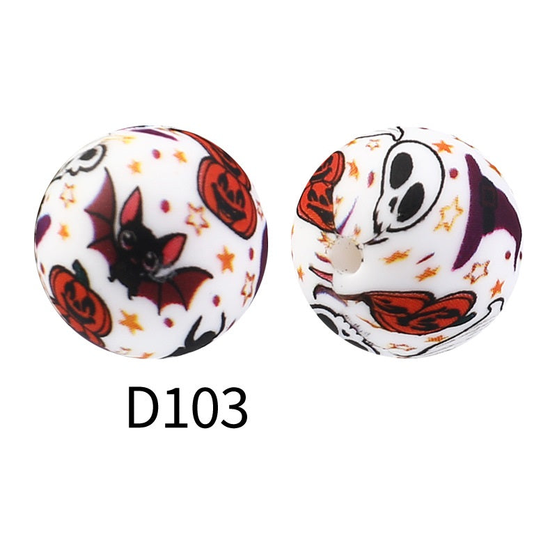 15mm Round Silicone Beads Floral Pattern Printed Design 50pcs 5