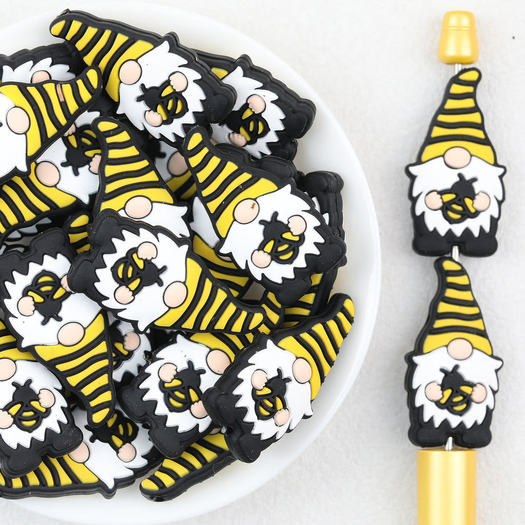 Gnome Silicone Focal Beads Wholesale, Yellow Black Striped Hat Bee Design