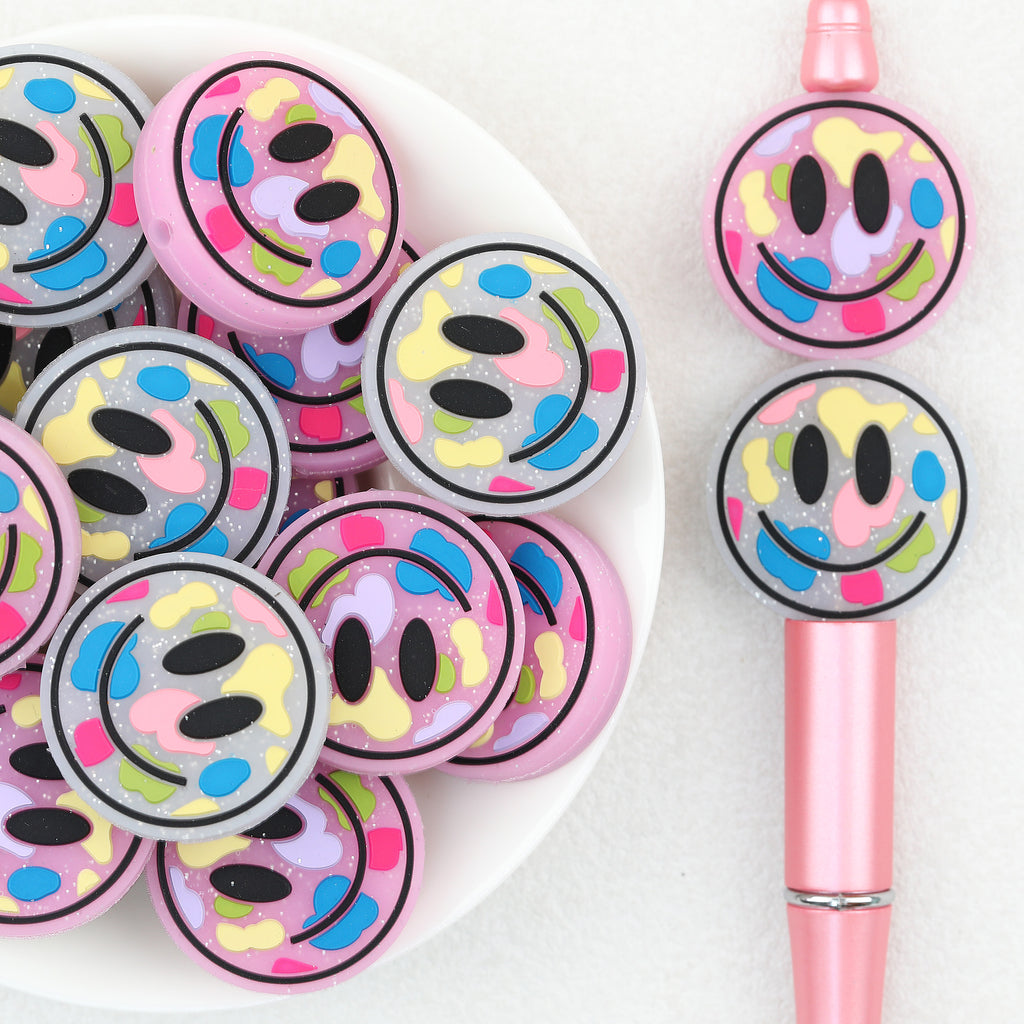 Colorful Round Smiley Face Silicone Focal Beads 20Pcs
